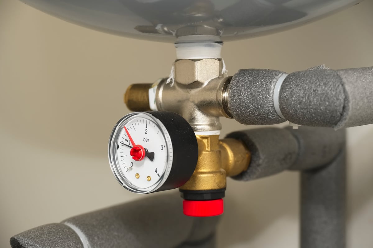 Pressure gauge on a domestic boiler expansion vessel showing the system pressure reading